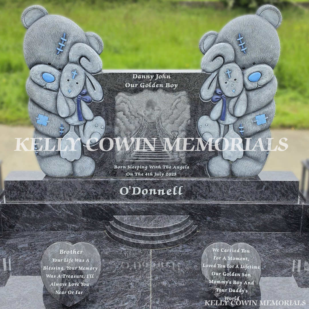Blue Lagoon custom teddy bear child headstone with laser etched image in Bruree New Cemetery Limerick by Kelly Cowin Memorials