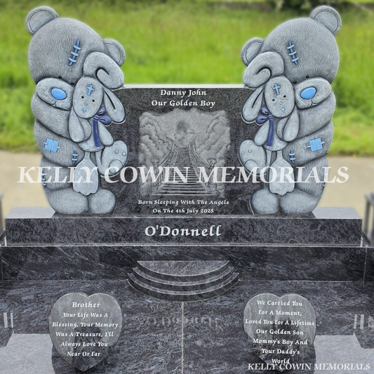 Blue Lagoon custom teddy bear child headstone with laser etched image in Bruree New Cemetery Limerick by Kelly Cowin Memorials