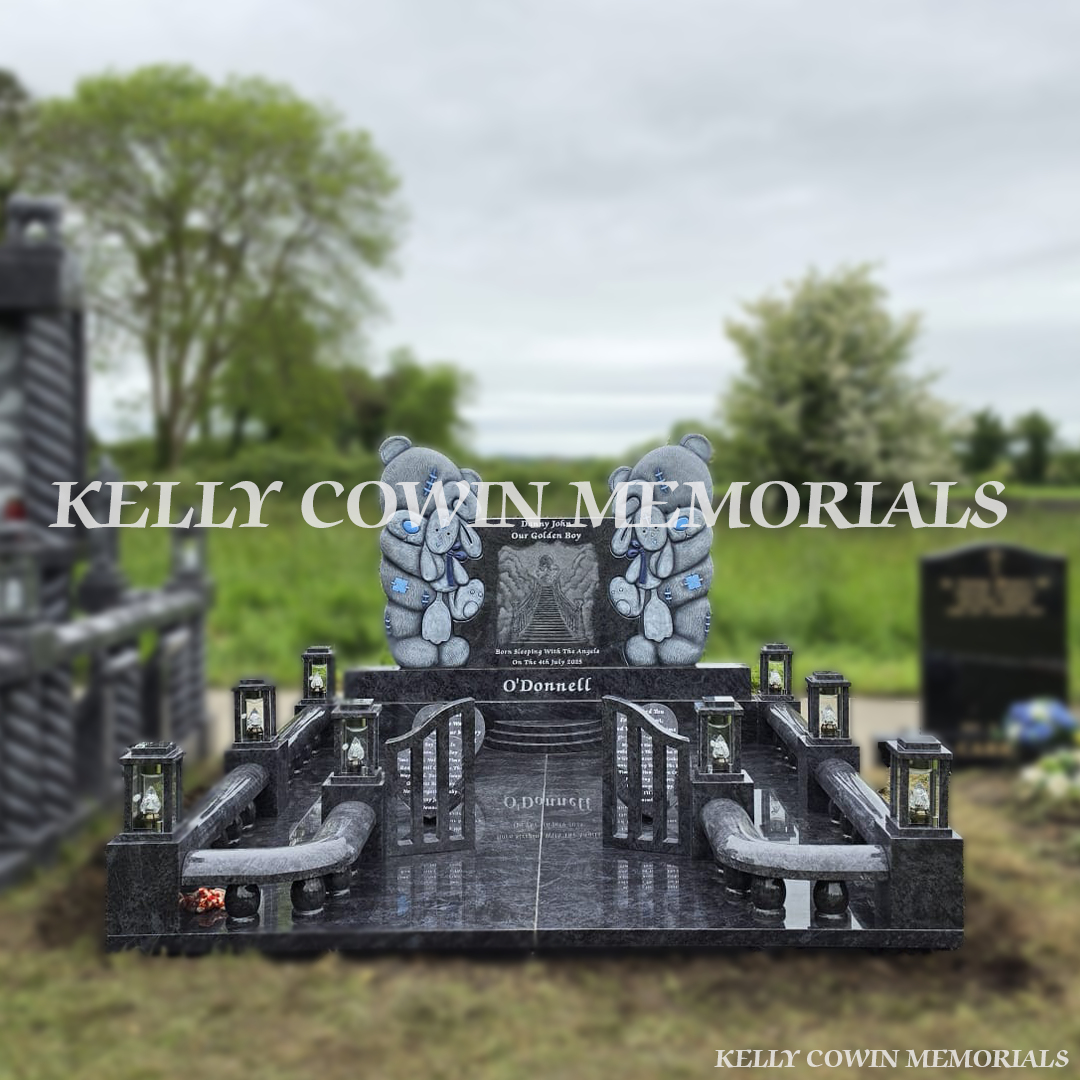 Custom teddy bear grave surround and polished granite floor memorial in Limerick Ireland