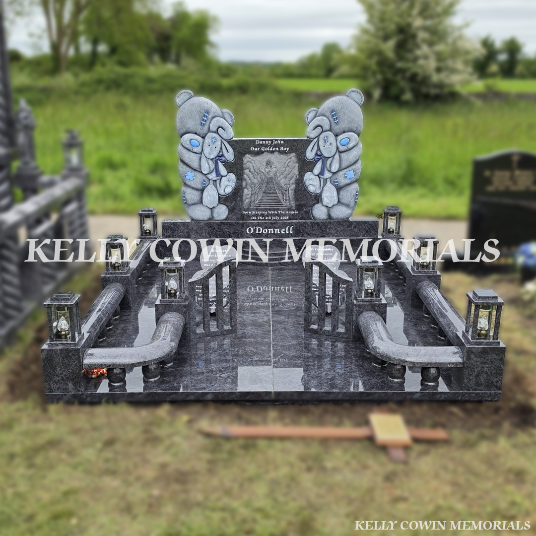 Full Blue Lagoon granite child memorial with kerbing, gates and solar lanterns in Bruree County Limerick
