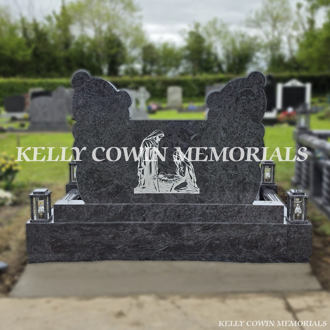 Rear view of Blue Lagoon granite teddy bear memorial headstone with religious engraving in Limerick