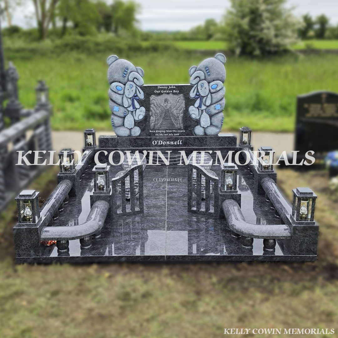 Custom child grave memorial with gates, lanterns and polished granite floor by Kelly Cowin Memorials Ireland