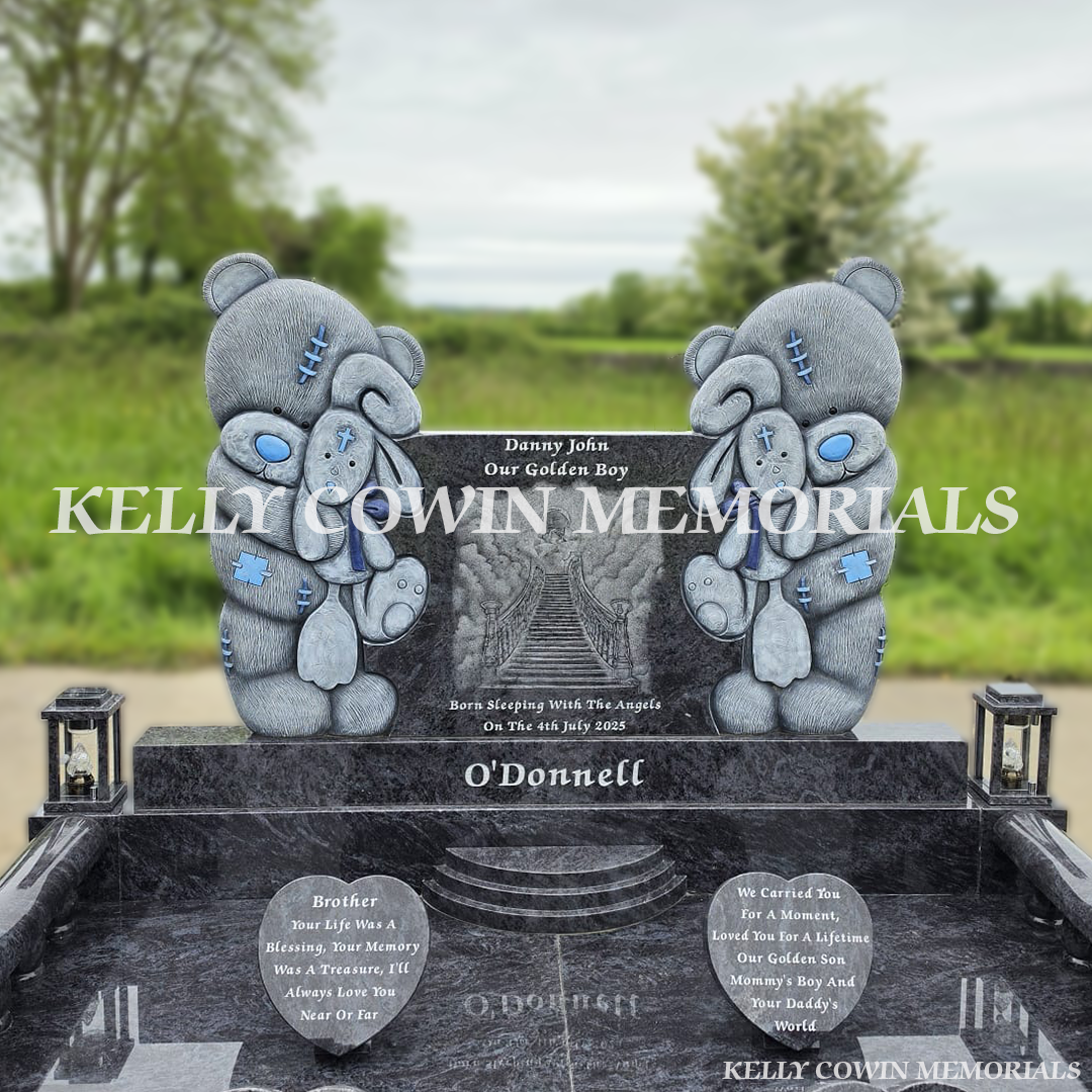 Custom child grave memorial with gates, lanterns and polished granite floor by Kelly Cowin Memorials Ireland