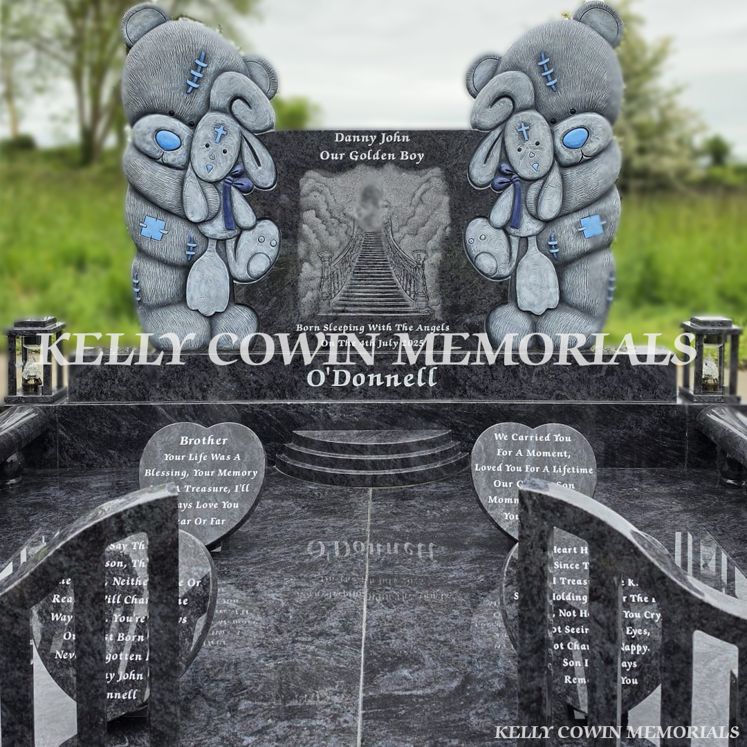 Close up of custom child traveller  headstone with teddy bear carvings and laser etched angel image in Limerick