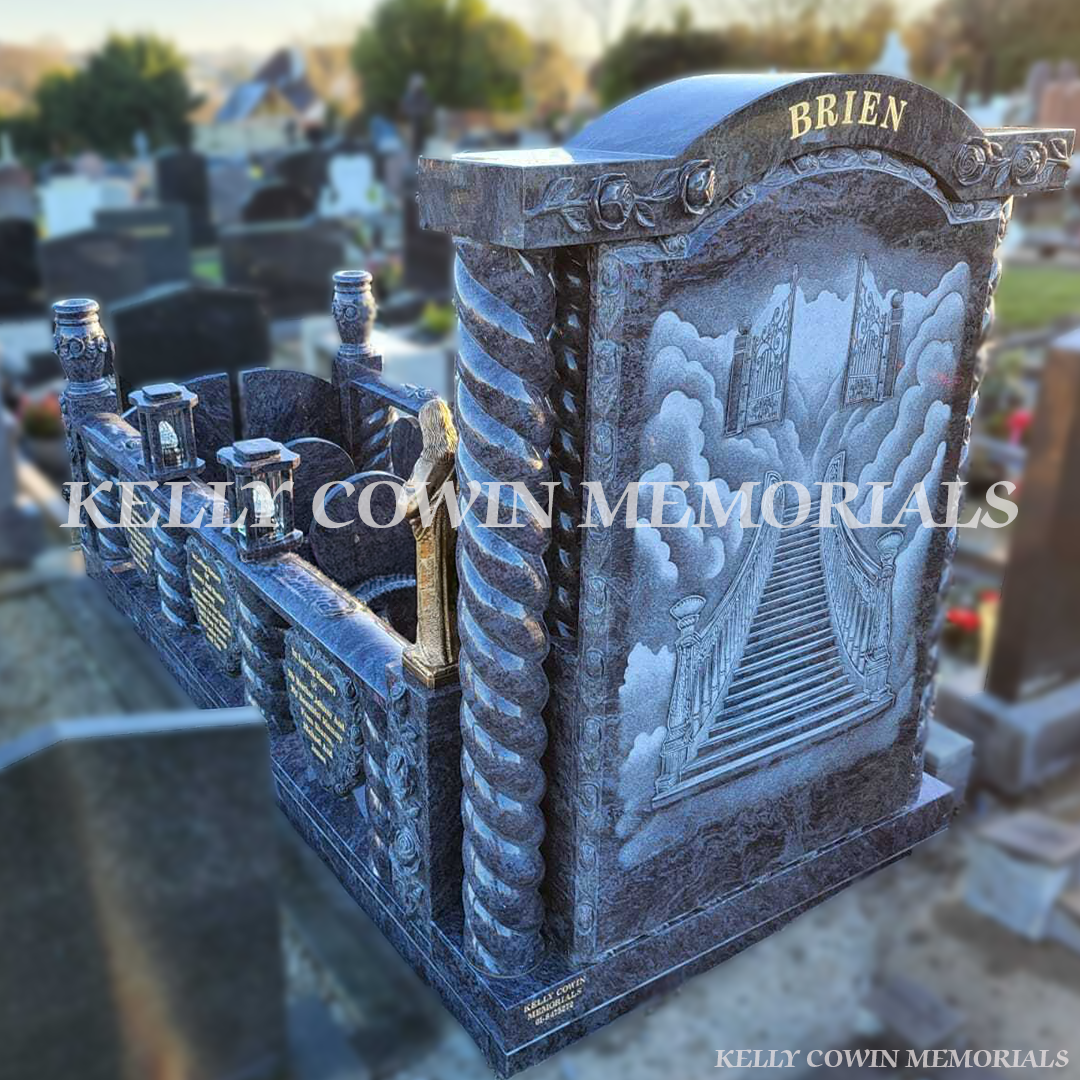 Rear view of Blue Lagoon granite custom headstone with full kerbing in Wexford Cemetery