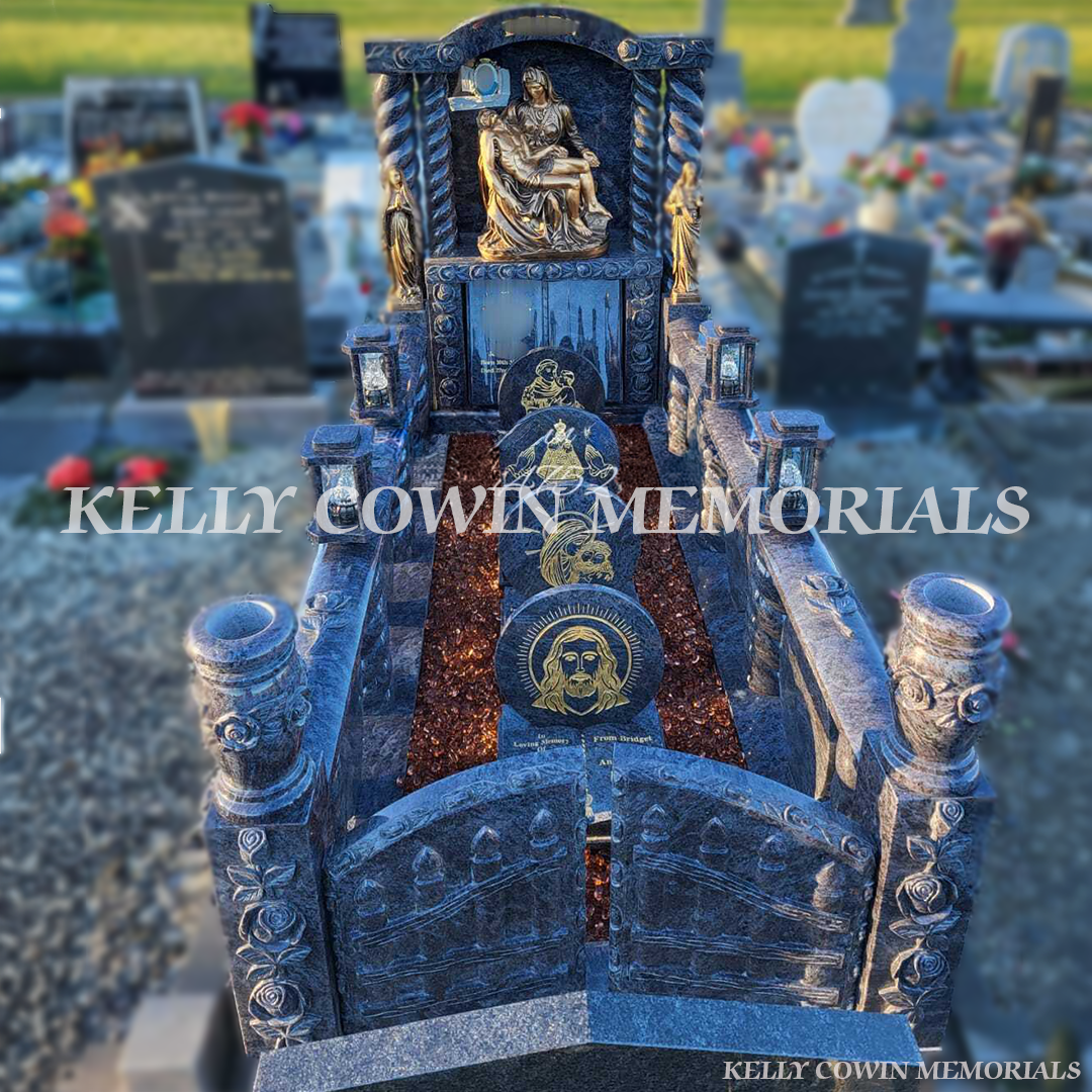 Blue Lagoon granite custom headstone with twisted pillars and rose carved rail in Wexford Cemetery
