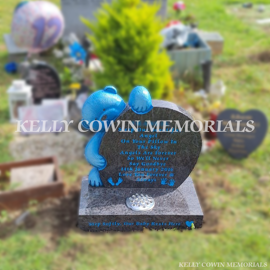 Blue Lagoon teddy bear children’s headstone with built-in vase in the Angel Plot section of Glasnevin Cemetery Dublin