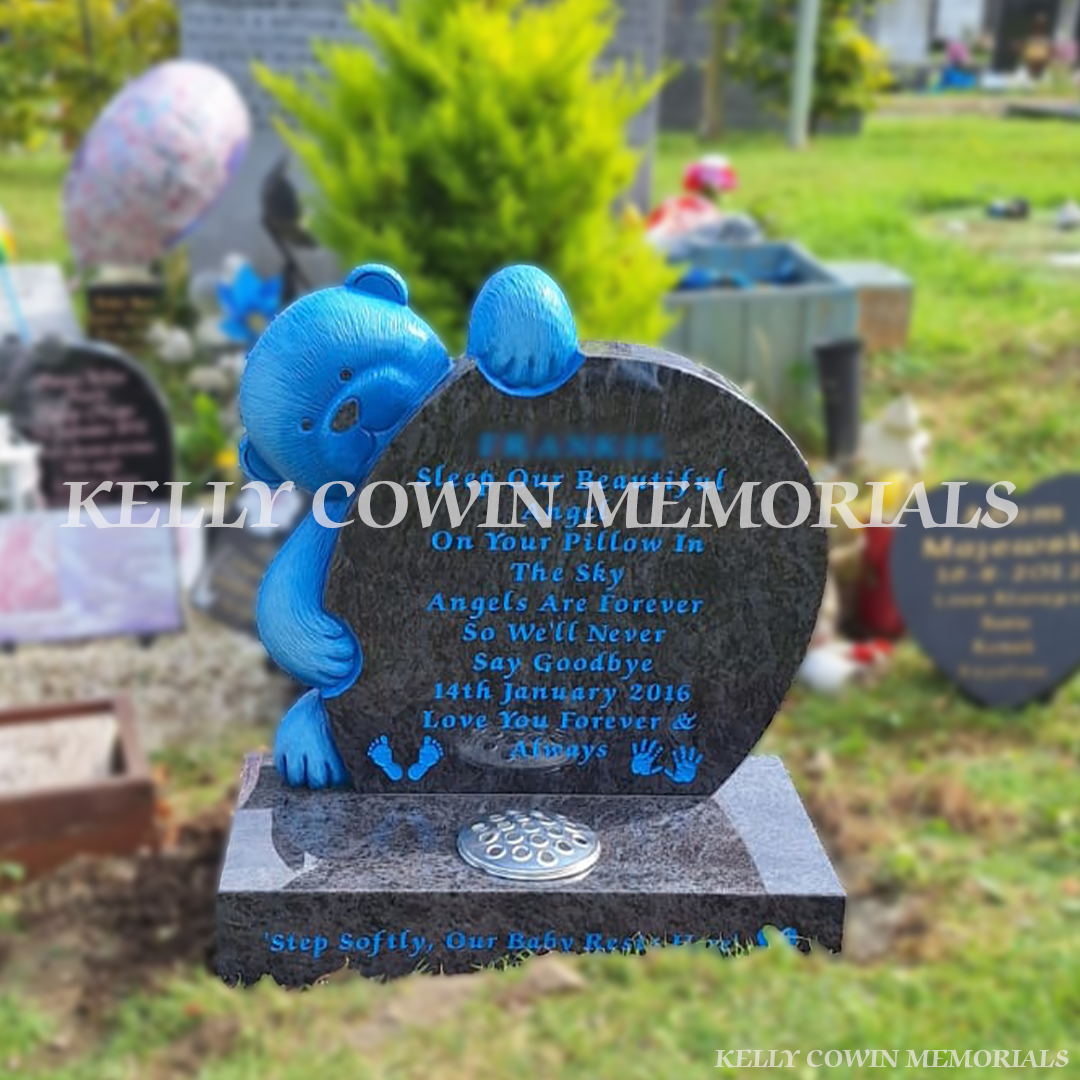 Front view Blue Lagoon teddy bear children’s headstone with built-in vase in the Angel Plot section of Glasnevin Cemetery Dublin