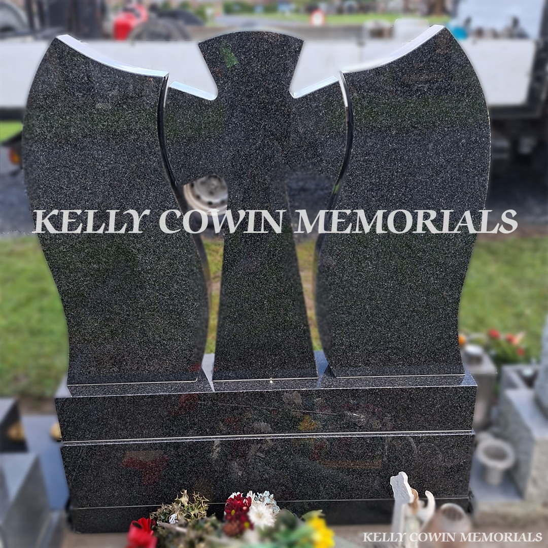 Back view of custom Rustenburg Celtic Cross headstone highlighting Dublin headstone craftsmanship by Kelly Cowin Memorials