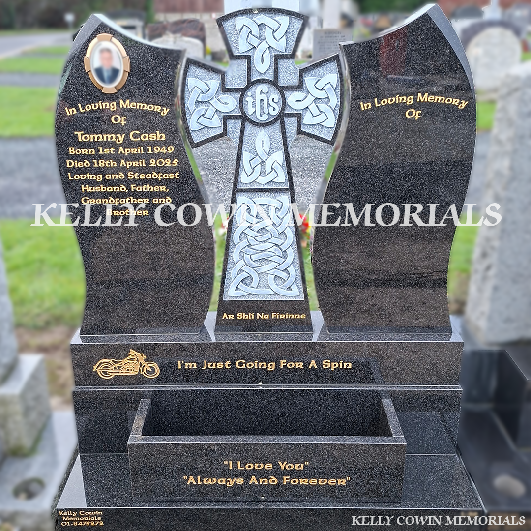 Front view of custom Rustenburg Celtic Cross headstone on base and plinth in Dardistown Cemetery Dublin