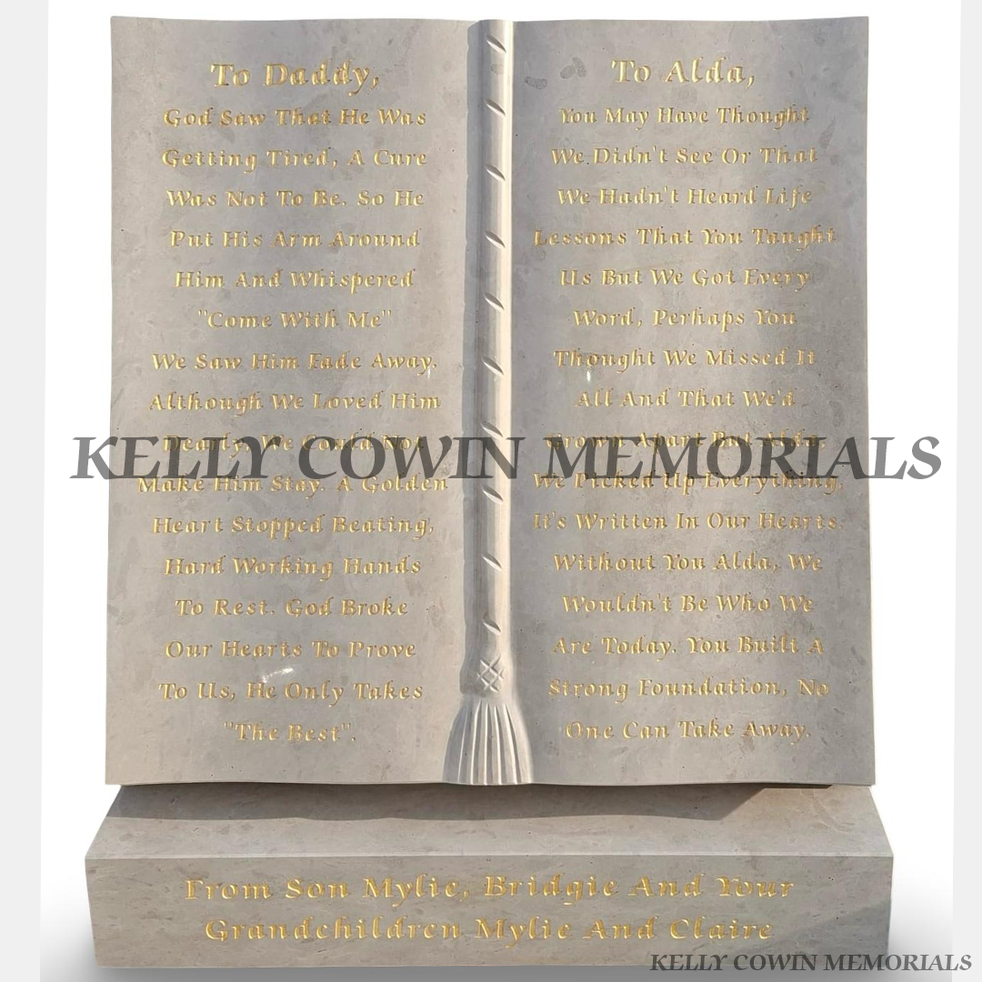 Granite carved book ornaments on plinth of Haley Beige headstone in Carlow Cemetery