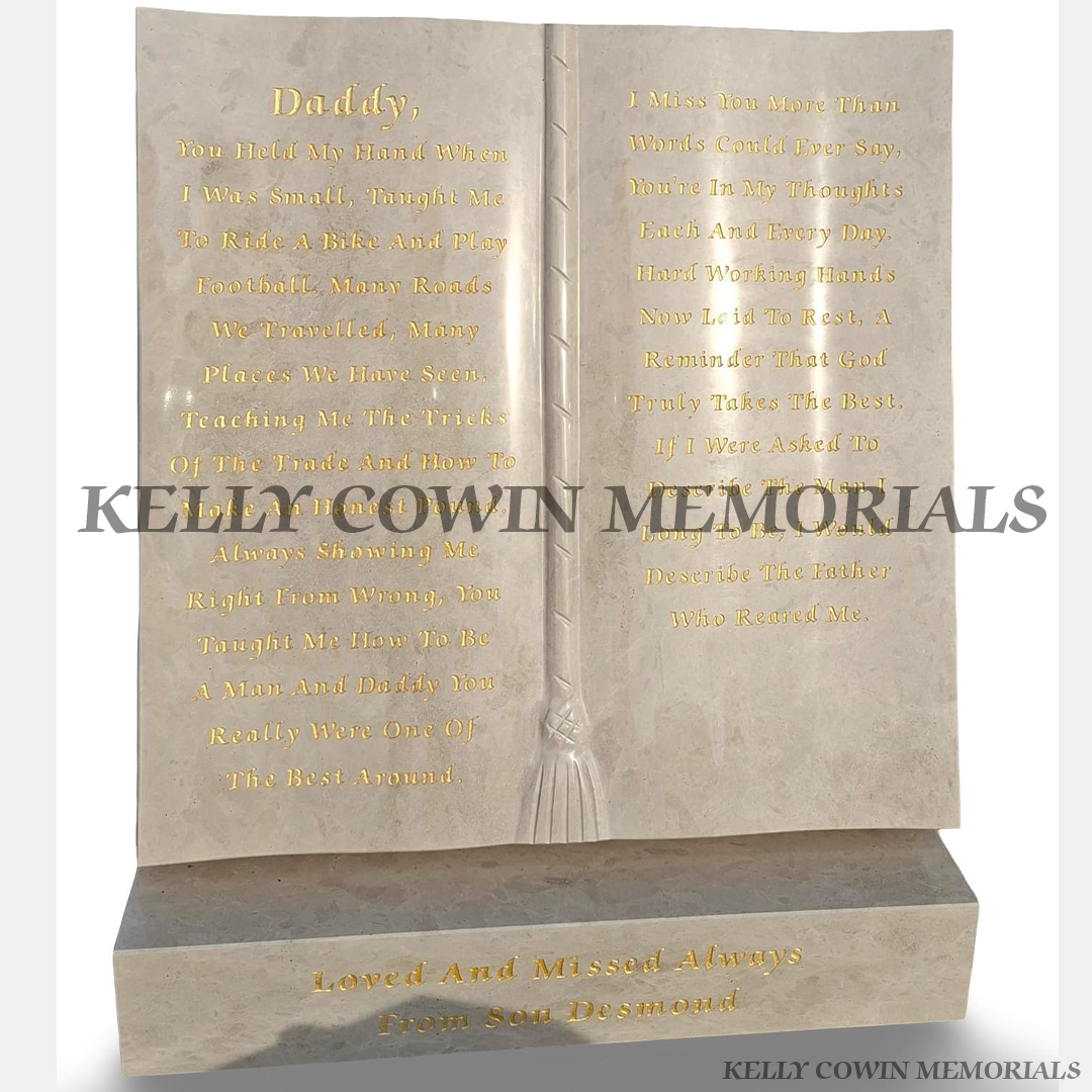 Granite carved book ornaments on plinth of Haley Beige headstone in Carlow Cemetery Ireland