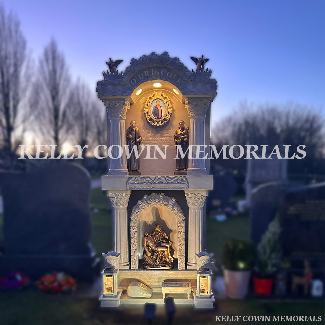 Haley Beige cream custom Traveller headstone with rose carved detailing , LED lights in Kilcully Cemetery Cork