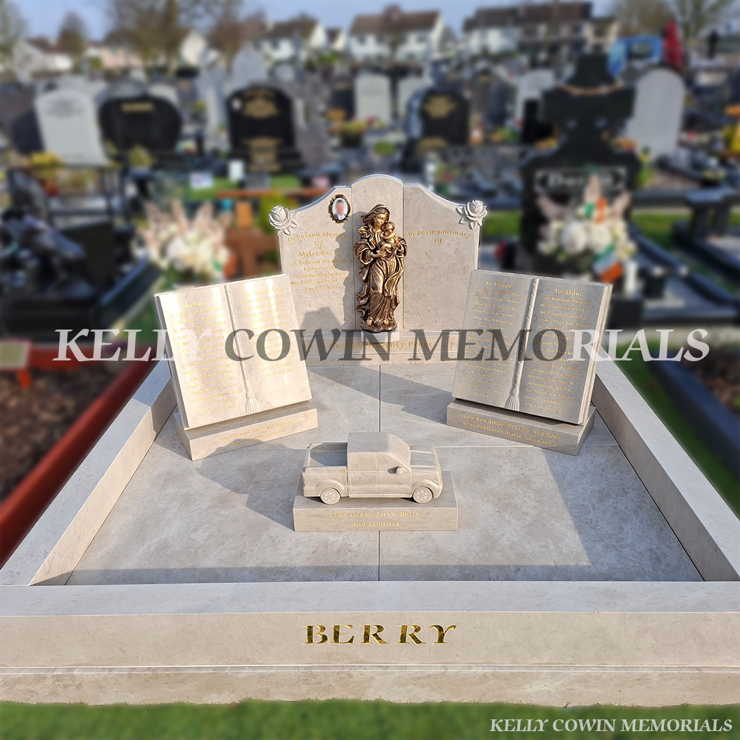 Haley Beige Cream custom headstone with rose carving and gold leaf inscription in Carlow Cemetery