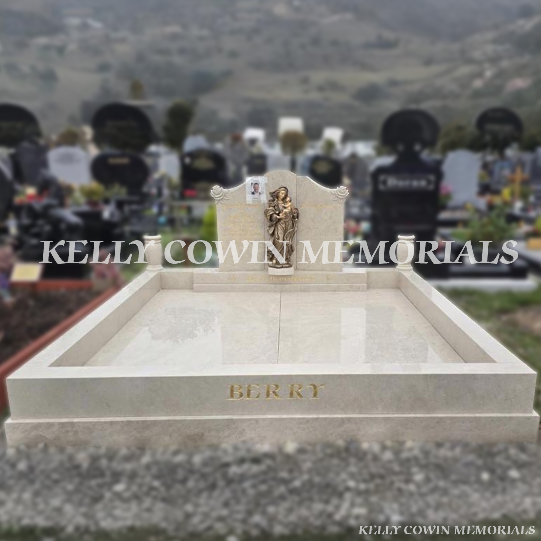 Haley Beige Cream custom headstone with rose carving and gold leaf inscription in Carlow Cemetery