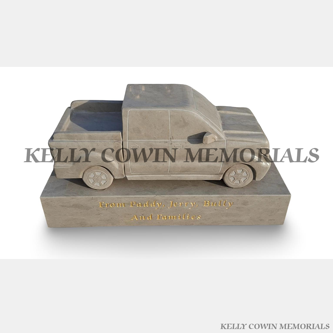 Front View Haley Beige granite Jeep on a plinth for a custom grave memorial