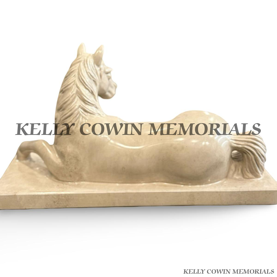 Back and side view of the Haley Beige granite horse showing detailed carved mane, body and tail.