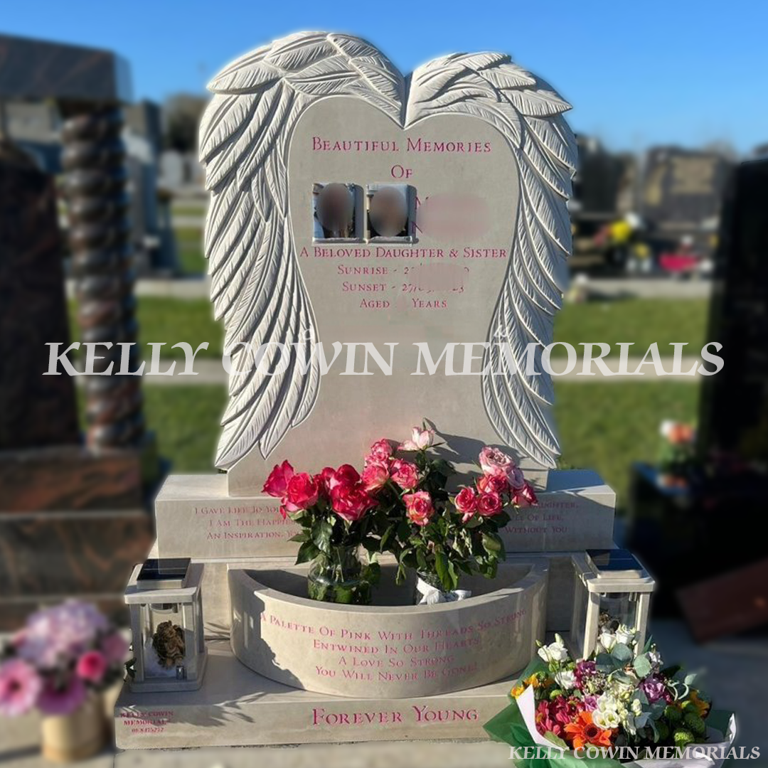 Custom Haley Beige angel headstone with pink inscription in Balgriffin Cemetery Dublin