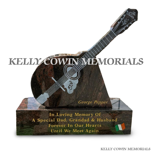 Front view of custom Pandora granite mandolin statue on plinth