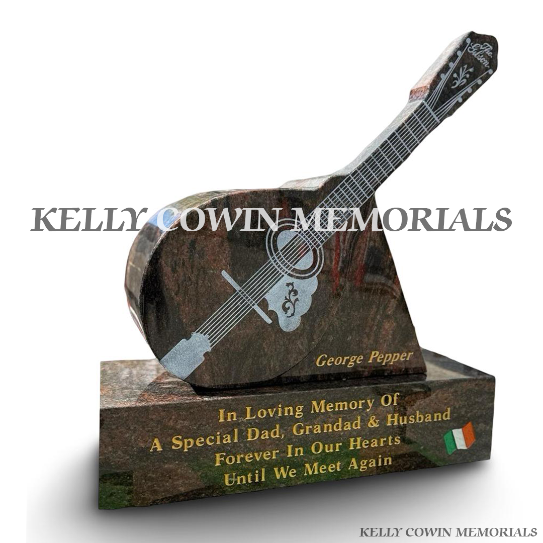 Side view of Pandora granite mandolin memorial with engraved wording