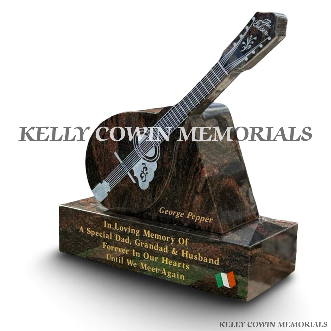 Side view of Pandora granite mandolin memorial with engraved wording