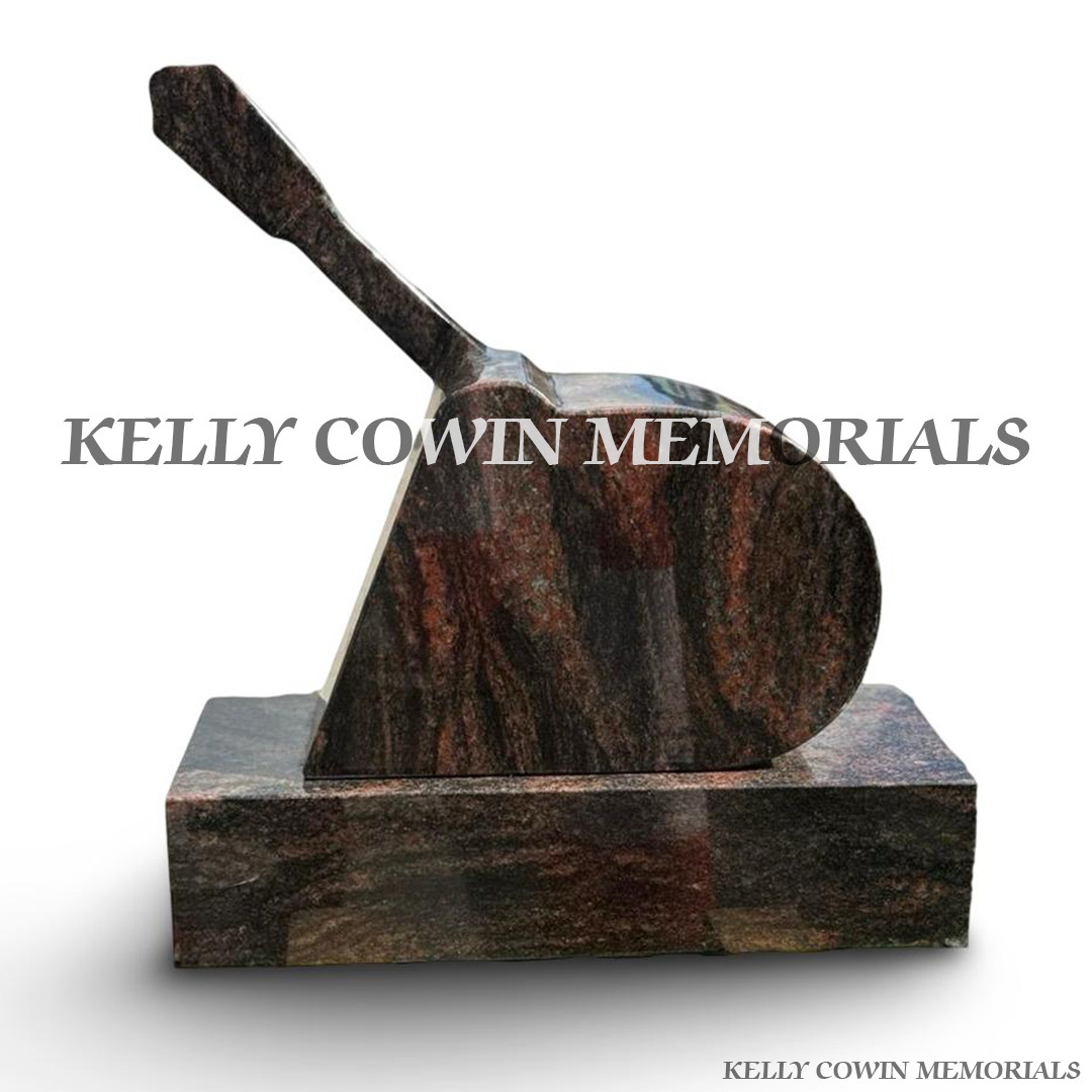 Back view of Pandora granite mandolin memorial with engraved wording
