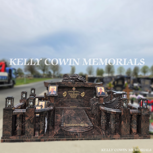Front view of Pandora granite custom headstone with gold leaf inscription in Tralee cemetery