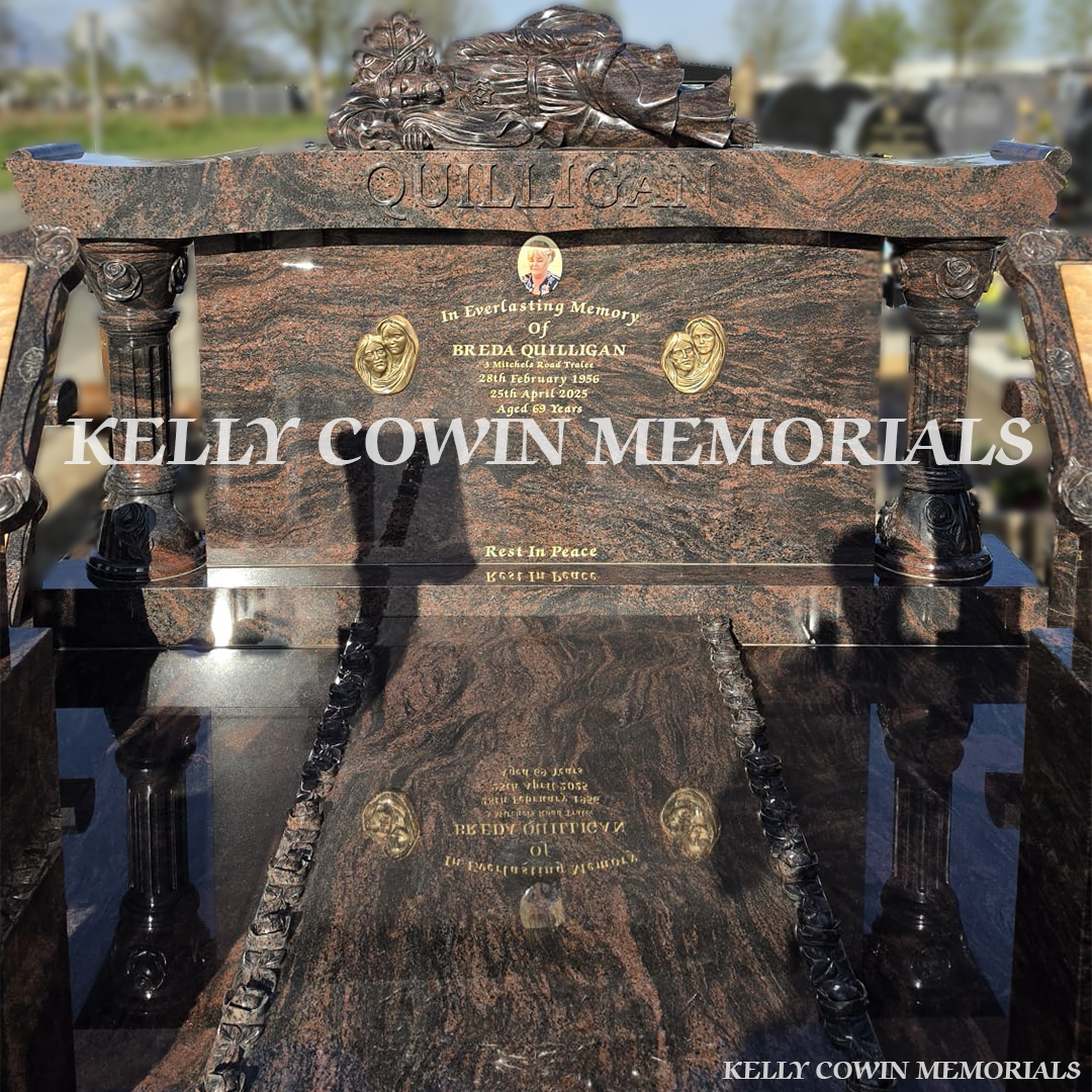 Front view of Pandora granite custom headstone with gold leaf inscription in Tralee cemetery