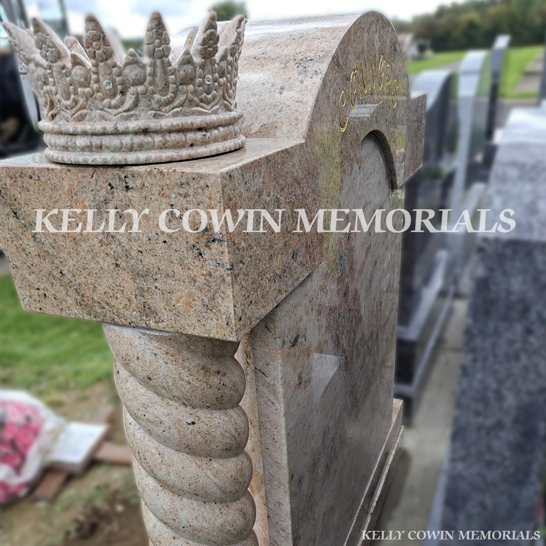 Custom princess castle traveller children’s headstone with twisted pillars and gold leaf inscription in New Ross Cemetery Wexford.