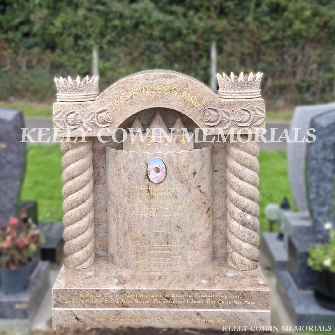 Custom princess castle traveller children’s headstone with twisted pillars and gold leaf inscription in New Ross Cemetery Wexford.