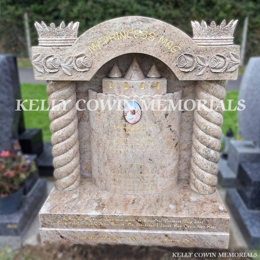 Custom princess castle traveller children’s headstone with twisted pillars and gold leaf inscription in New Ross Cemetery Wexford.