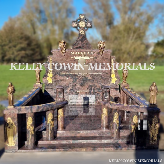 Front view of custom Pandora granite scroll headstone with Celtic Cross and gold inscription in Glasnevin Cemetery Dublin