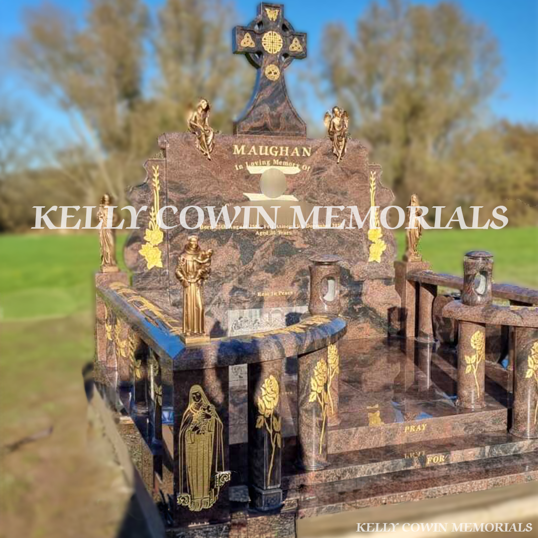 Front view of custom Pandora granite scroll headstone with Celtic Cross and gold inscription in Glasnevin Cemetery Dublin