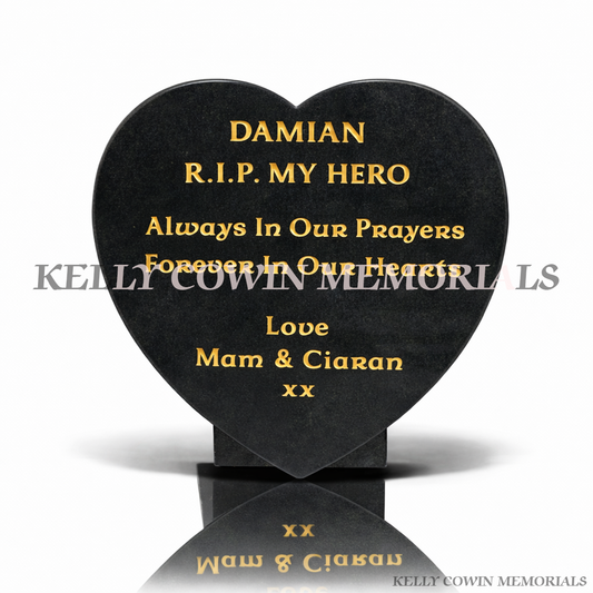 12 inch black granite heart shaped memorial plaque with gold lettering by Kelly Cowin Memorials Ireland