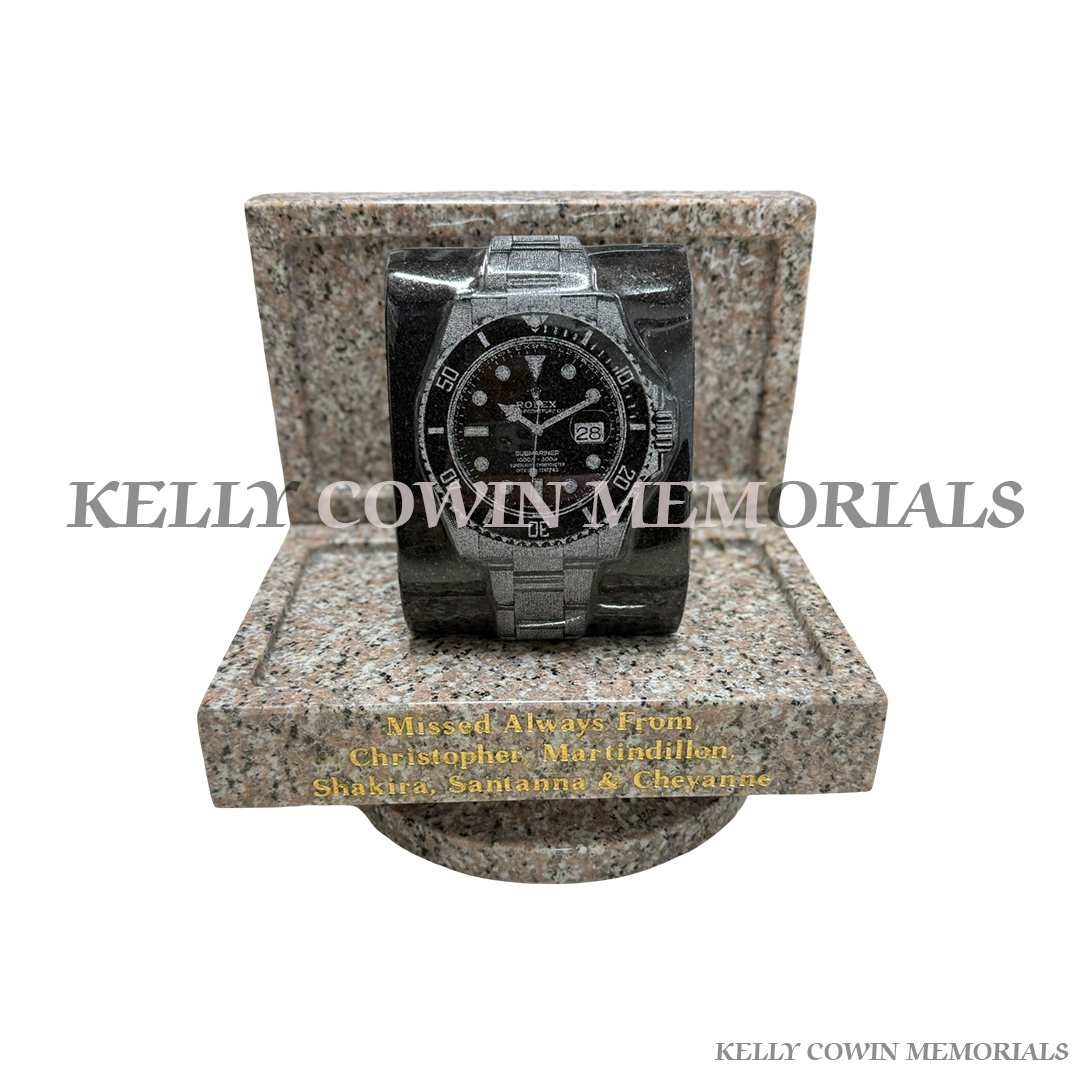 Diamond granite Rolex watch memorial ornament for graves and headstones handcrafted in Dublin with nationwide delivery across Ireland