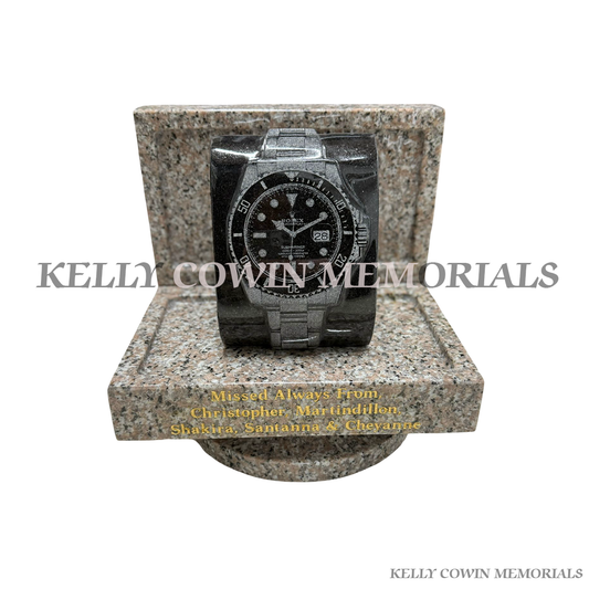 Diamond granite Rolex watch memorial ornament for graves and headstones handcrafted in Dublin with nationwide delivery across Ireland