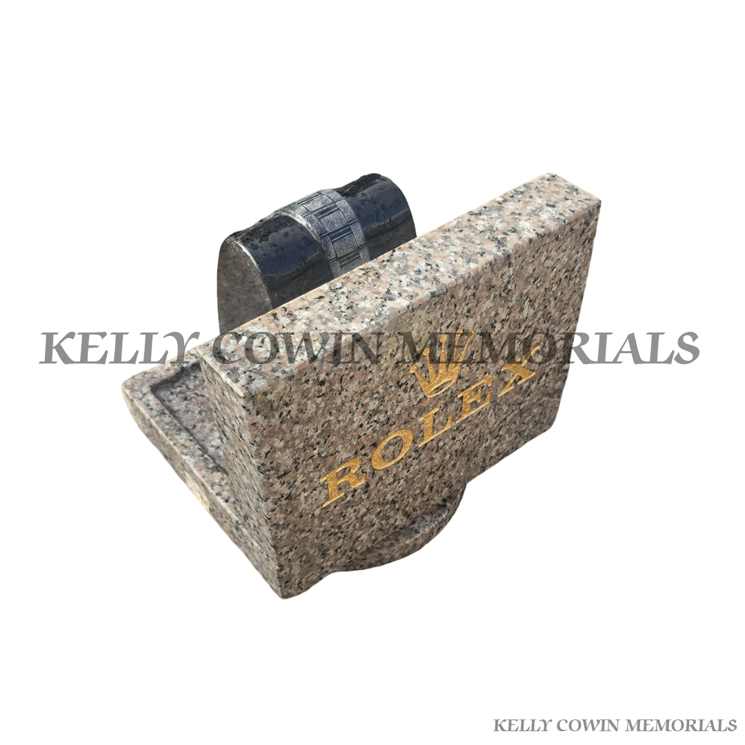 Back View Diamond granite Rolex watch memorial ornament for graves and headstones handcrafted in Dublin with nationwide delivery across Ireland