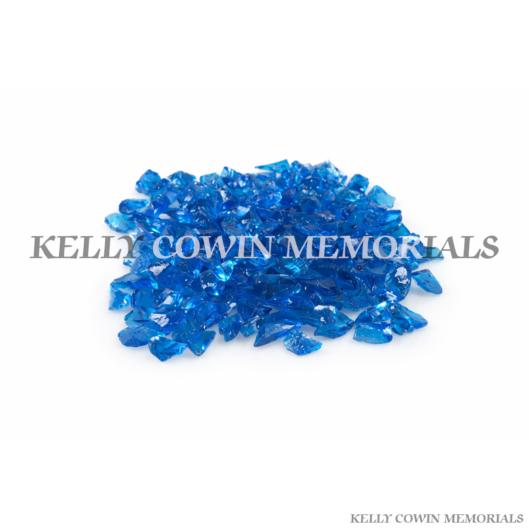 Electric blue glass chippings for grave and memorial decoration in Ireland