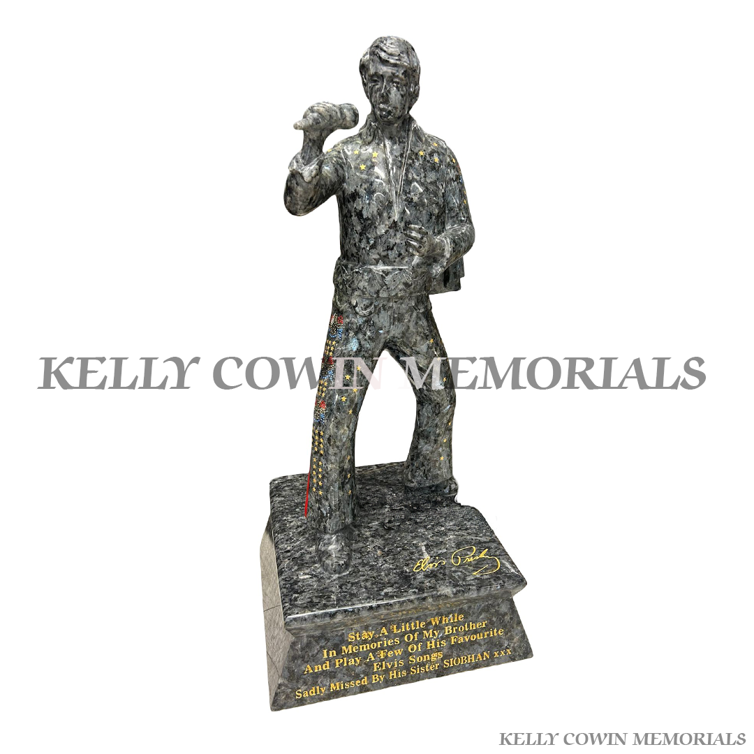 Blue Pearl granite Elvis statue memorial for graves and headstones handcrafted in Dublin with nationwide delivery across Ireland