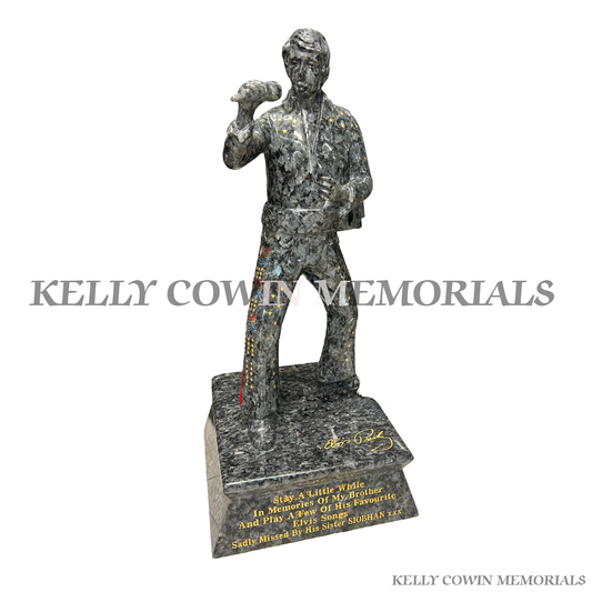 Blue Pearl granite Elvis statue memorial for graves and headstones handcrafted in Dublin with nationwide delivery across Ireland