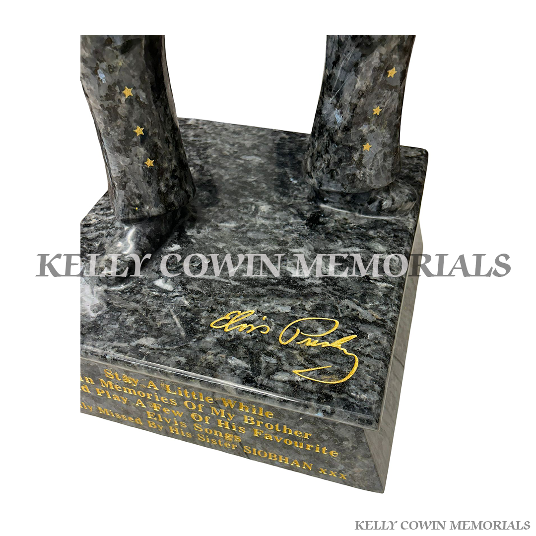 Blue Pearl granite Elvis statue memorial for graves and headstones handcrafted in Dublin with nationwide delivery across Ireland