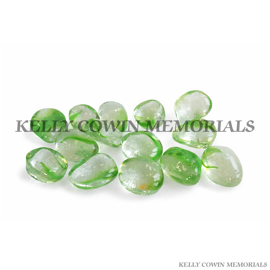 Green glass beads kelly cowin memorials