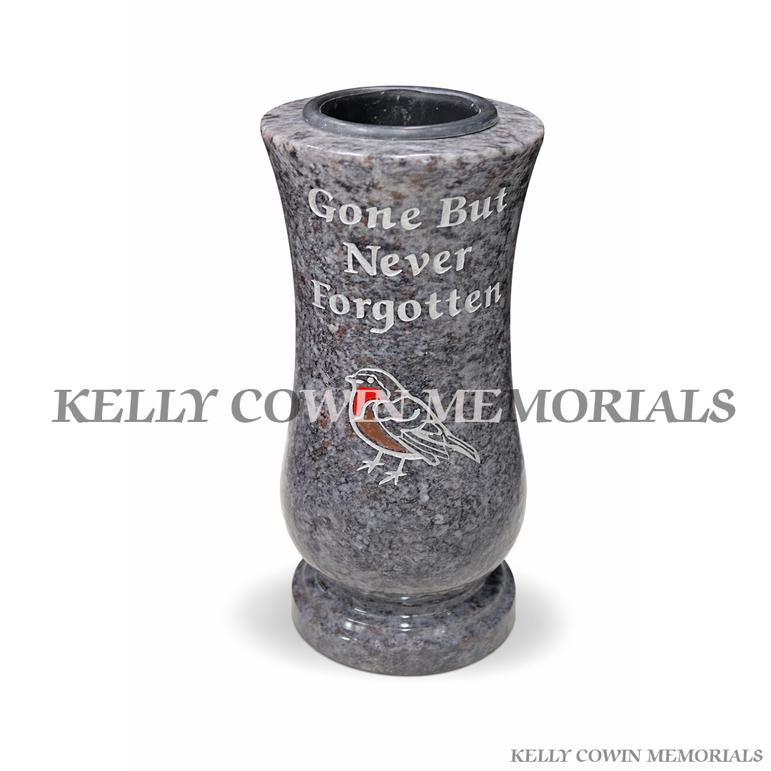 Blue Lagoon tall engraved granite memorial vase for grave flowers with polished finish, Kelly Cowin Memorials Ireland