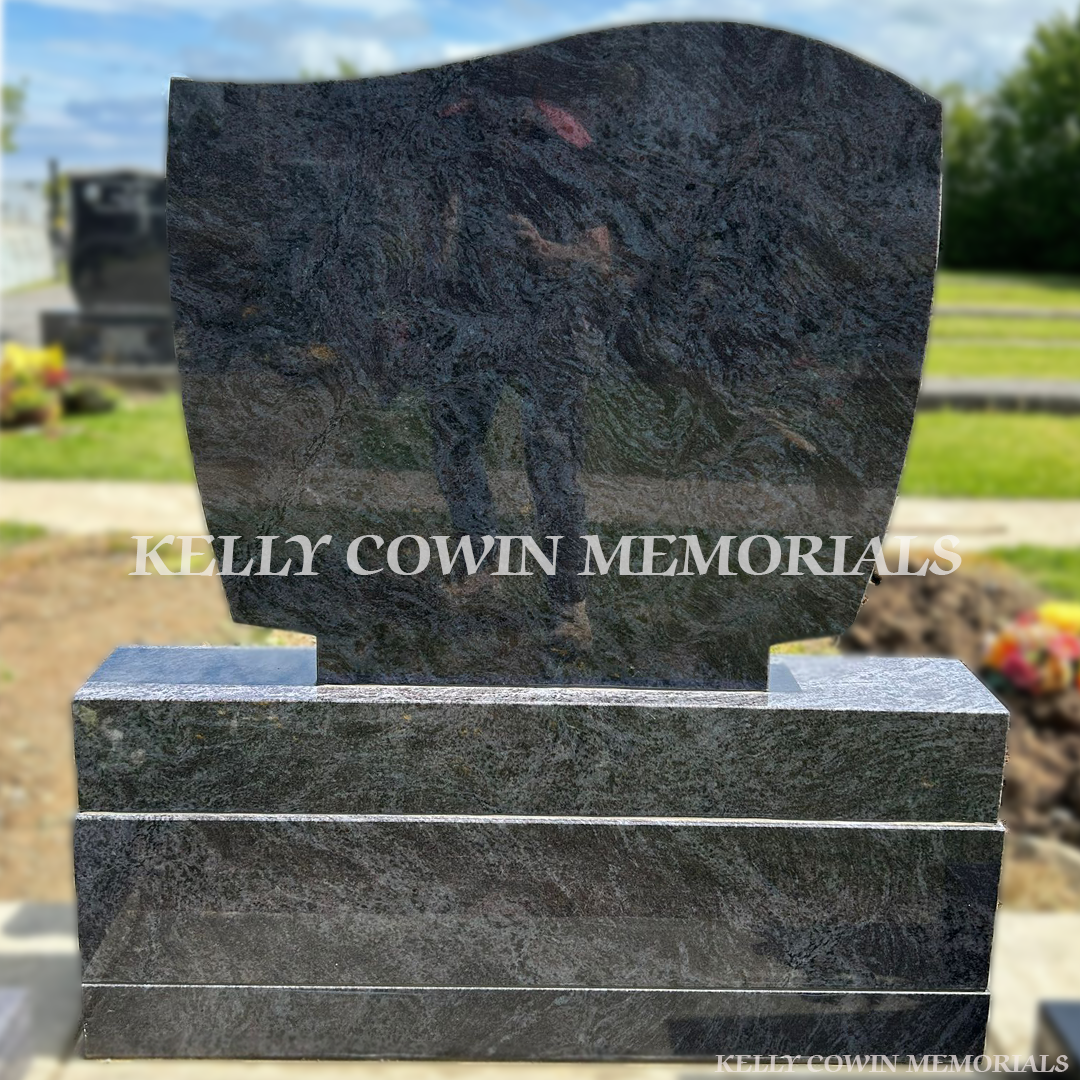 Blue Lagoon C1 granite memorial headstone with silver lettering, base, sub base and plinth installed in Flemington Cemetery by Kelly Cowin Memorials