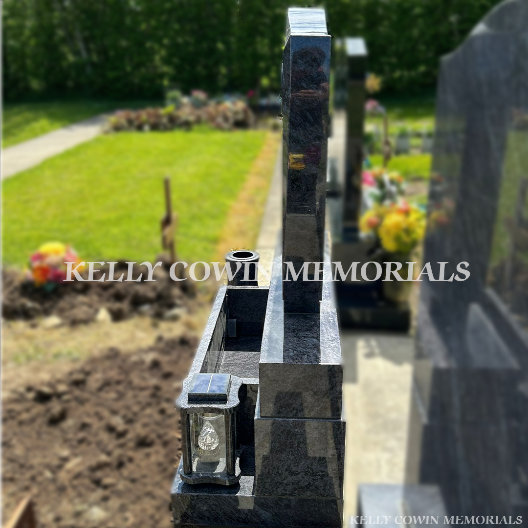 Blue Lagoon C1 granite memorial headstone with silver lettering, base, sub base and plinth installed in Flemington Cemetery by Kelly Cowin Memorials