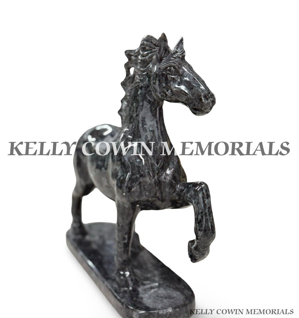 side view of Blue Pearl granite horse memorial ornaments available from Kelly Cowin Memorials in Ireland.