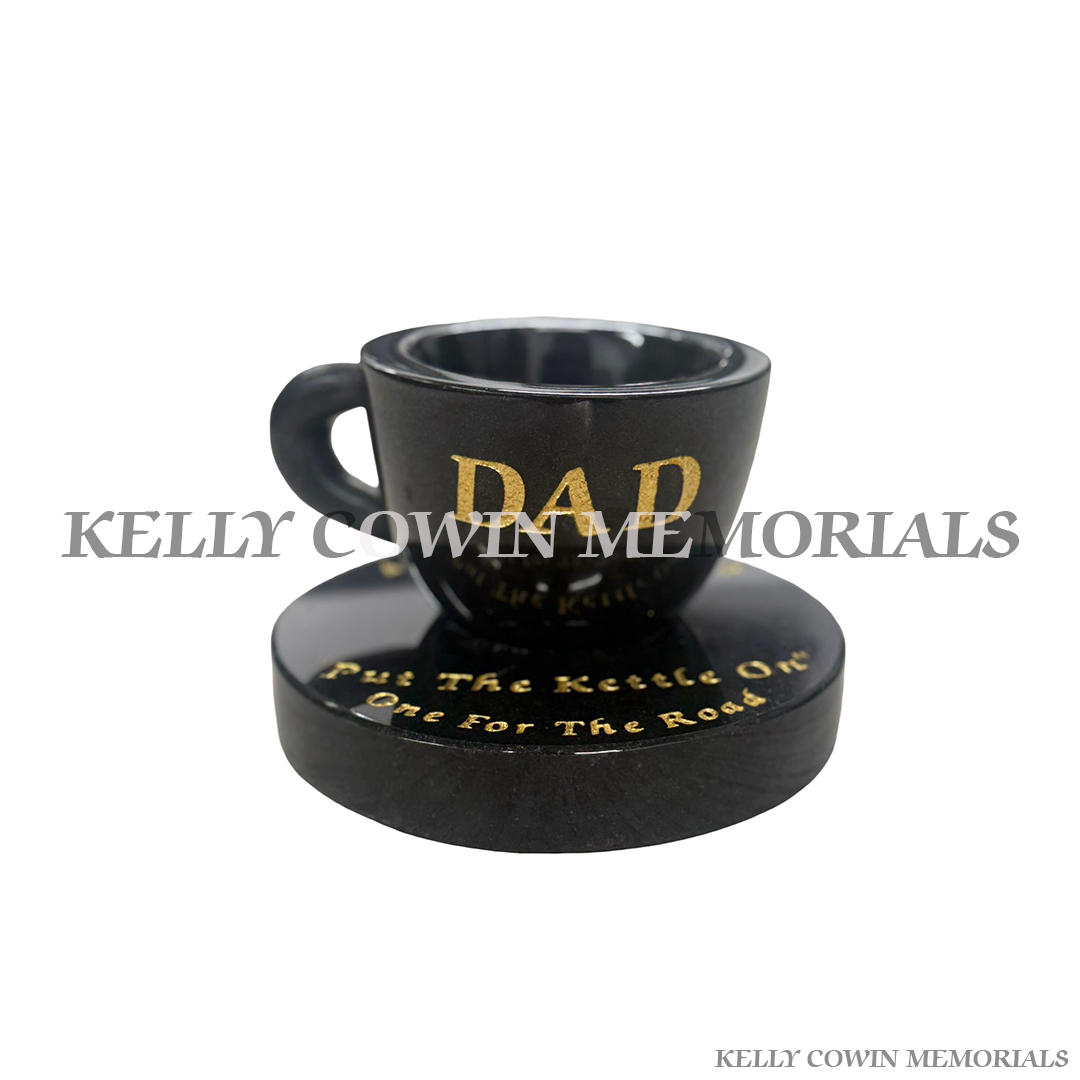 Black granite cup of tea grave accessory with gold engraving for memorials in Dublin and nationwide Ireland