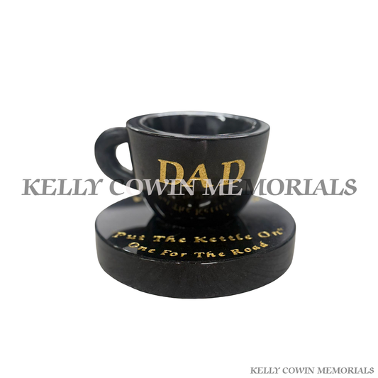 Black granite cup of tea grave accessory with gold engraving for memorials in Dublin and nationwide Ireland