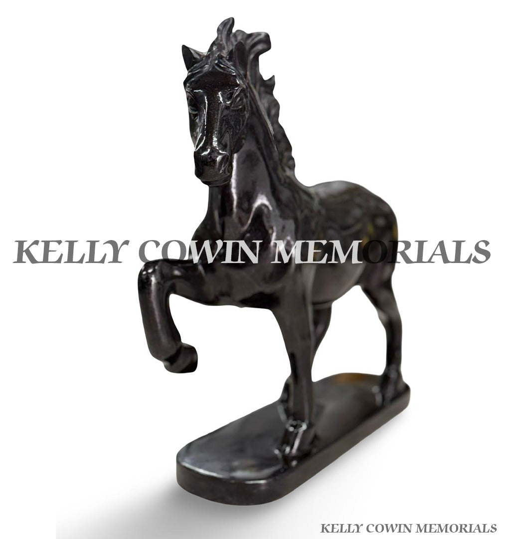 front view of Black granite horse memorial ornaments available from Kelly Cowin Memorials in Ireland.