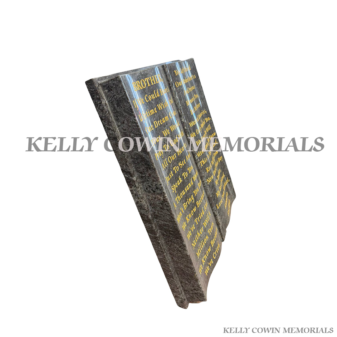 Blue Lagoon granite Bible grave accessory with engraved lettering for memorials in Dublin and nationwide Ireland